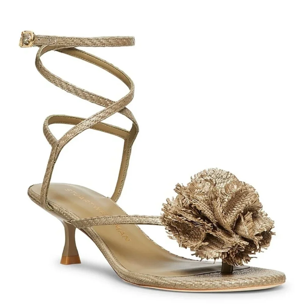 495$ Stuart Weitzman Belize 50 Luxe Raffia Strappy Sandals Size 8 US Khaki Tan